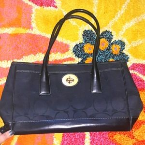 COACH Madeline Signature Canvas Shoulder Tote w/ Black Leather & Gold Turnlock